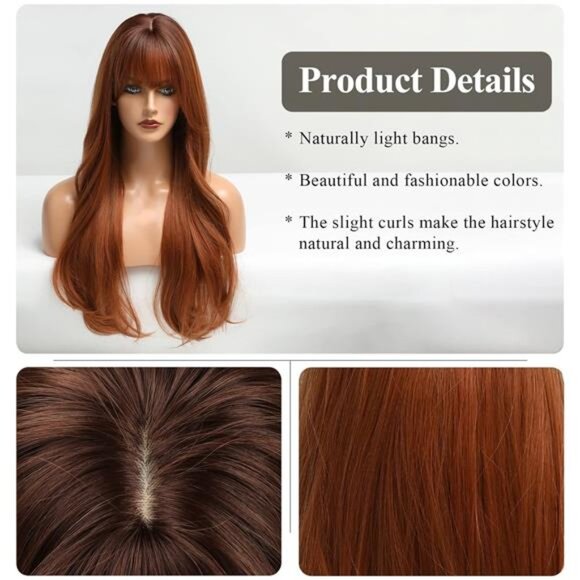 HAIRCUBE Long Auburn Wig with Bangs Layered Curly Orange Wigs for Women Natural